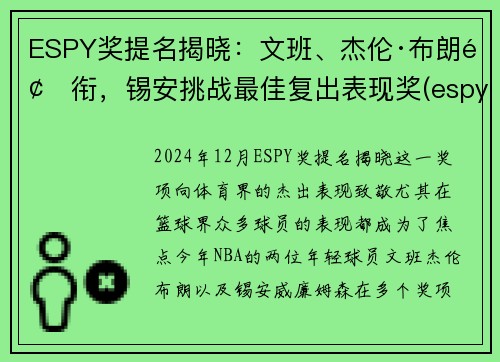 ESPY奖提名揭晓：文班、杰伦·布朗领衔，锡安挑战最佳复出表现奖(espy奖项)