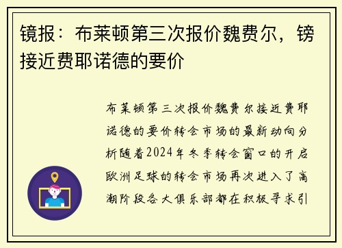 镜报：布莱顿第三次报价魏费尔，镑接近费耶诺德的要价